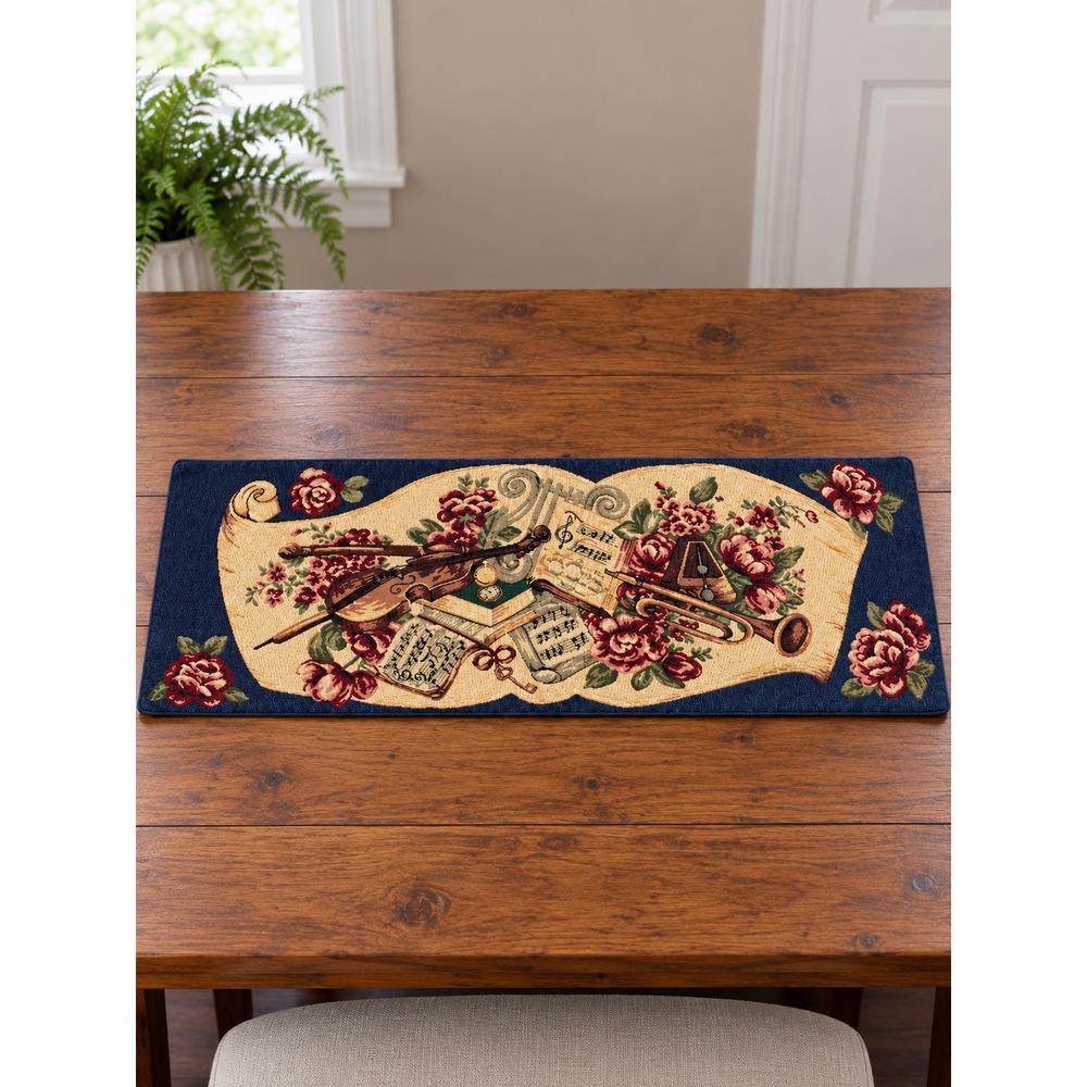 Vintage Musical Tapestry Runner Navy Violin Trumpet Roses 38x12 Floral Decor